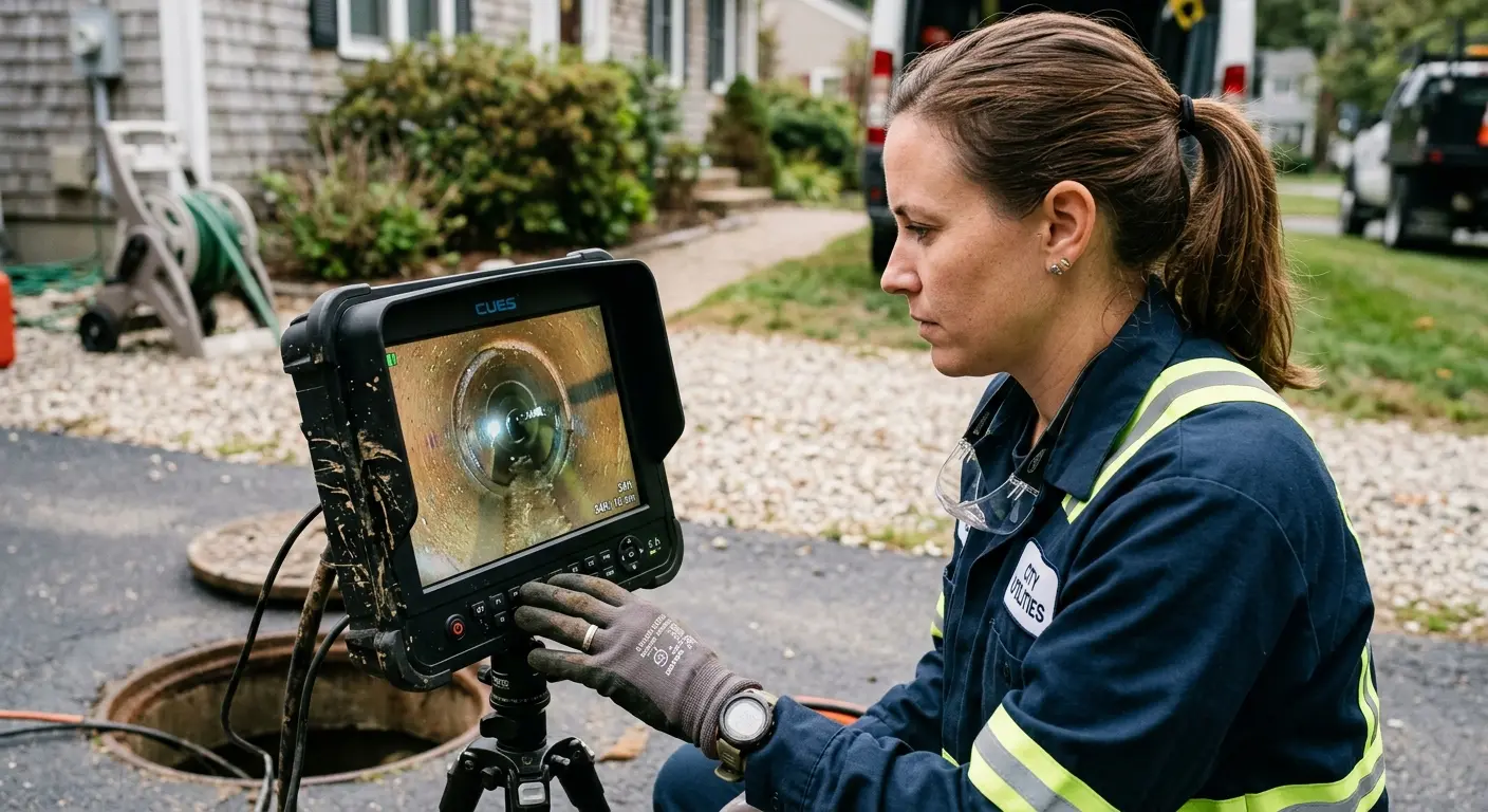 Technician reviewing sewer camera inspection footage in Brecknock