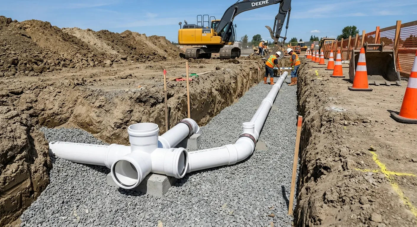 New PVC sewer pipe installation in open trench for Commercial Drain Cleaning in Brecknock