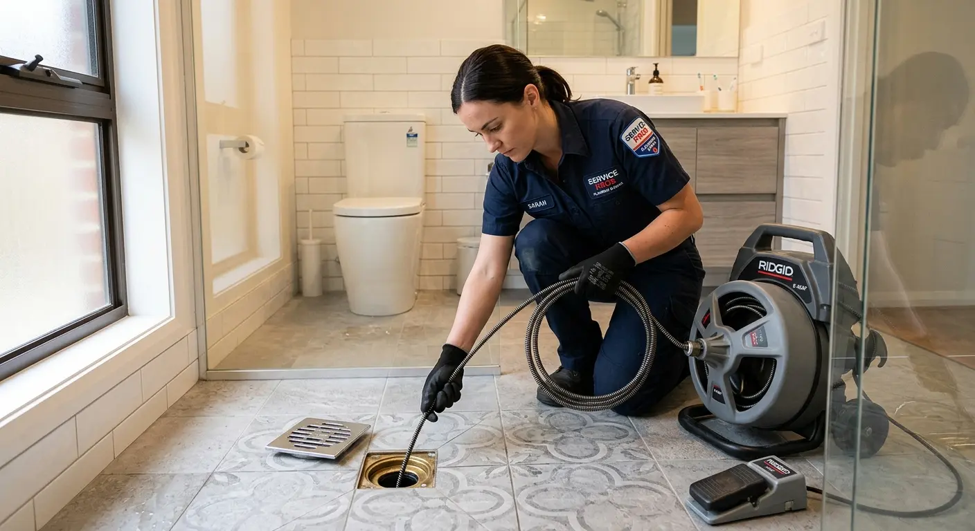 Technician clearing a bathroom floor drain for Clogged Drain Repair in Brecknock